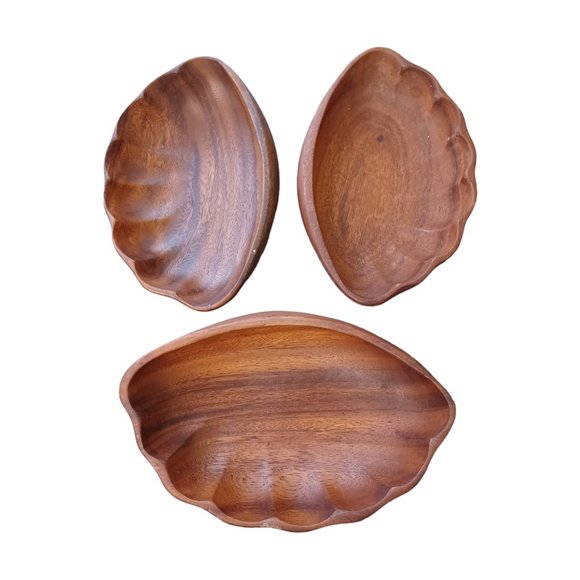 3 Wood bowls • scalloped edge smooth natural candy dish dip snack entertaining - Picture 1 of 8